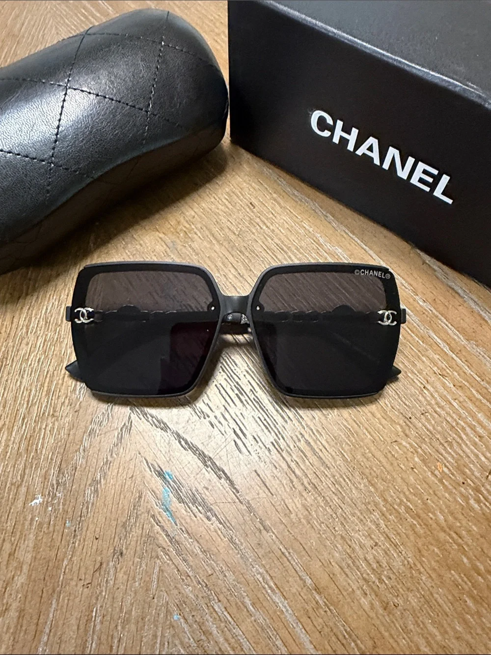 CHANEL Black Square Oversized Sunglasses with Silver CC Temples